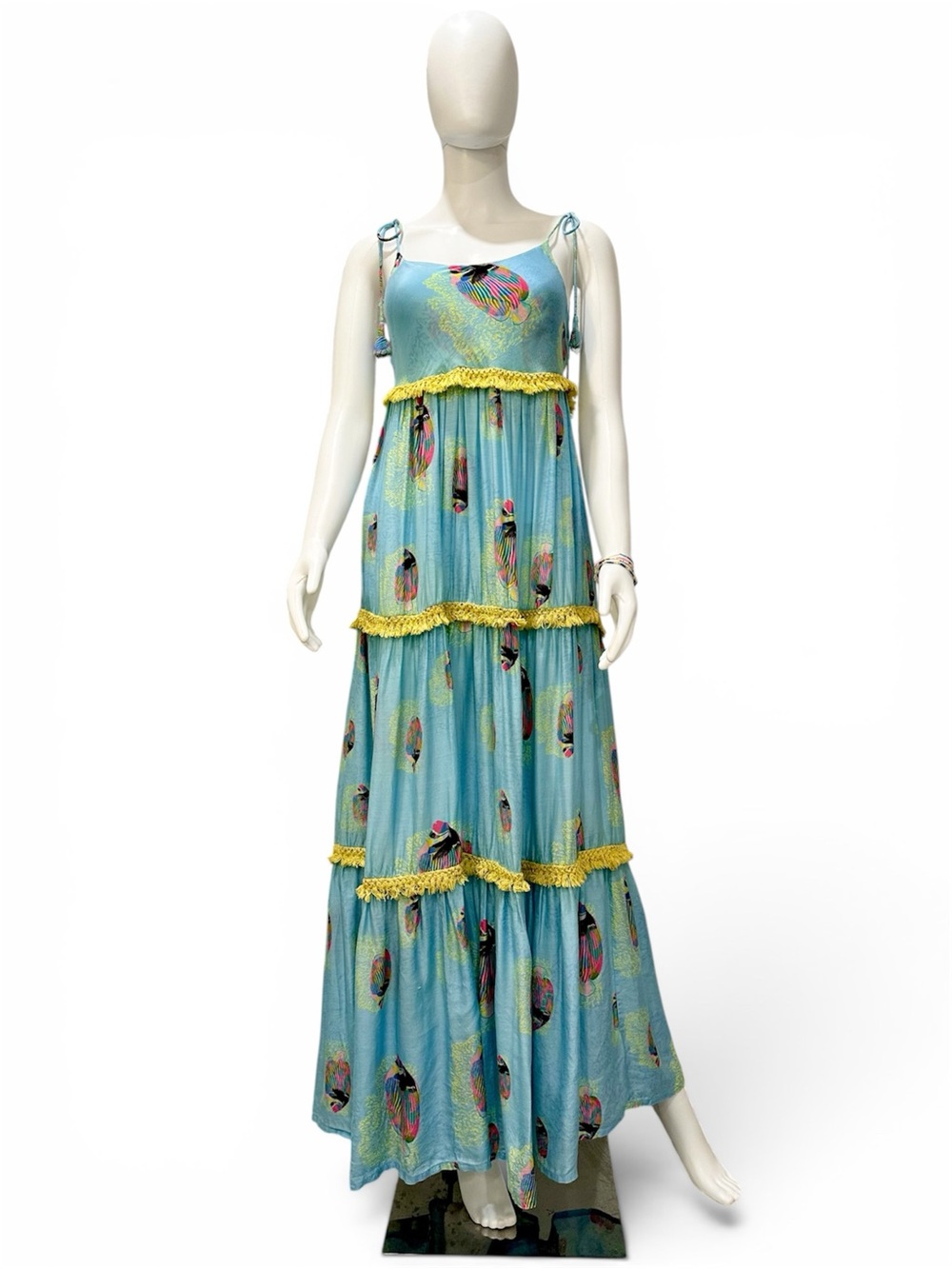 Verandah Maxi Summer Resort Dress Blue with Yellow Fringe Small